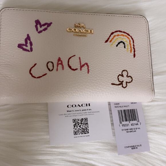 💃New Coach Medium Id Zip Wallet With Diary Embroidery/White/Leather - Picture 7 of 7